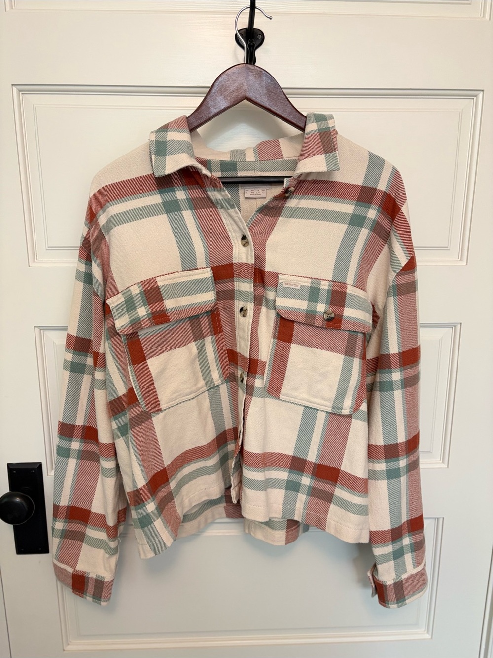 Brixton Cream Plaid Button Down Shirt with Rust and Teal Stripes